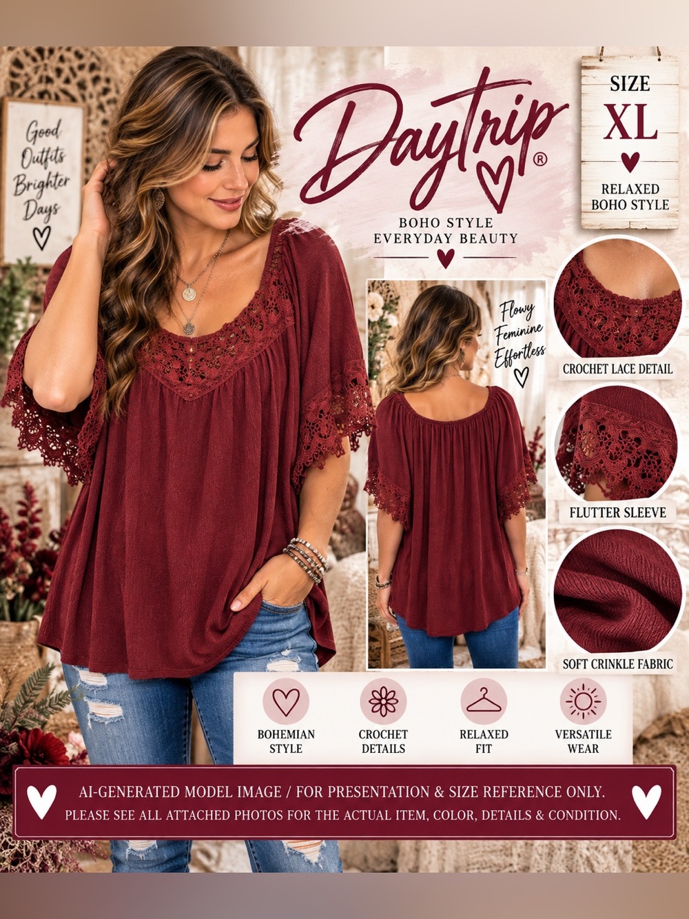 Daytrip Burgundy Crochet Lace Flutter Sleeve Boho Top XL